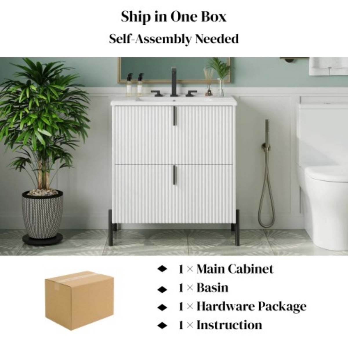 30" Bathroom Vanity with Ceramic Sink, Freestanding Bathroom Cabinet with Full Extension Drawers, Soft Close Slides, Fluted Design, White