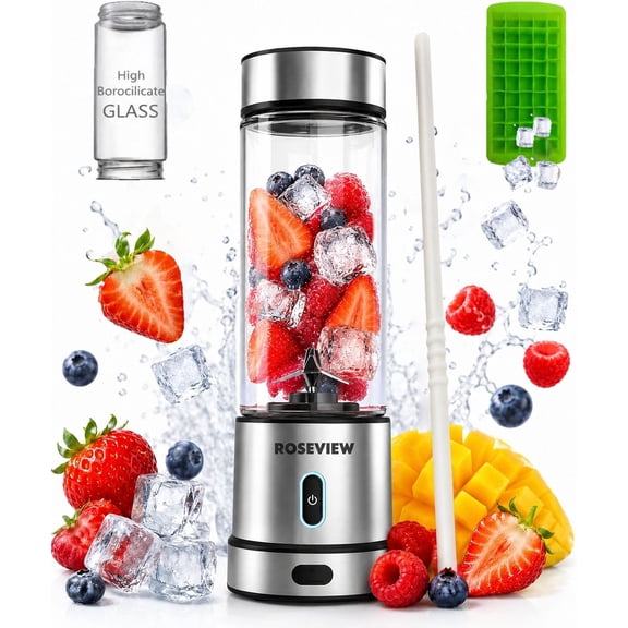 Portable Smoothie blender ROSEVIEW Glass bottle 200W Power USB rechargeable mini Handheld Ice Shakes Cup blend juicer Cordless blender Personal smoothies A16-450ml
