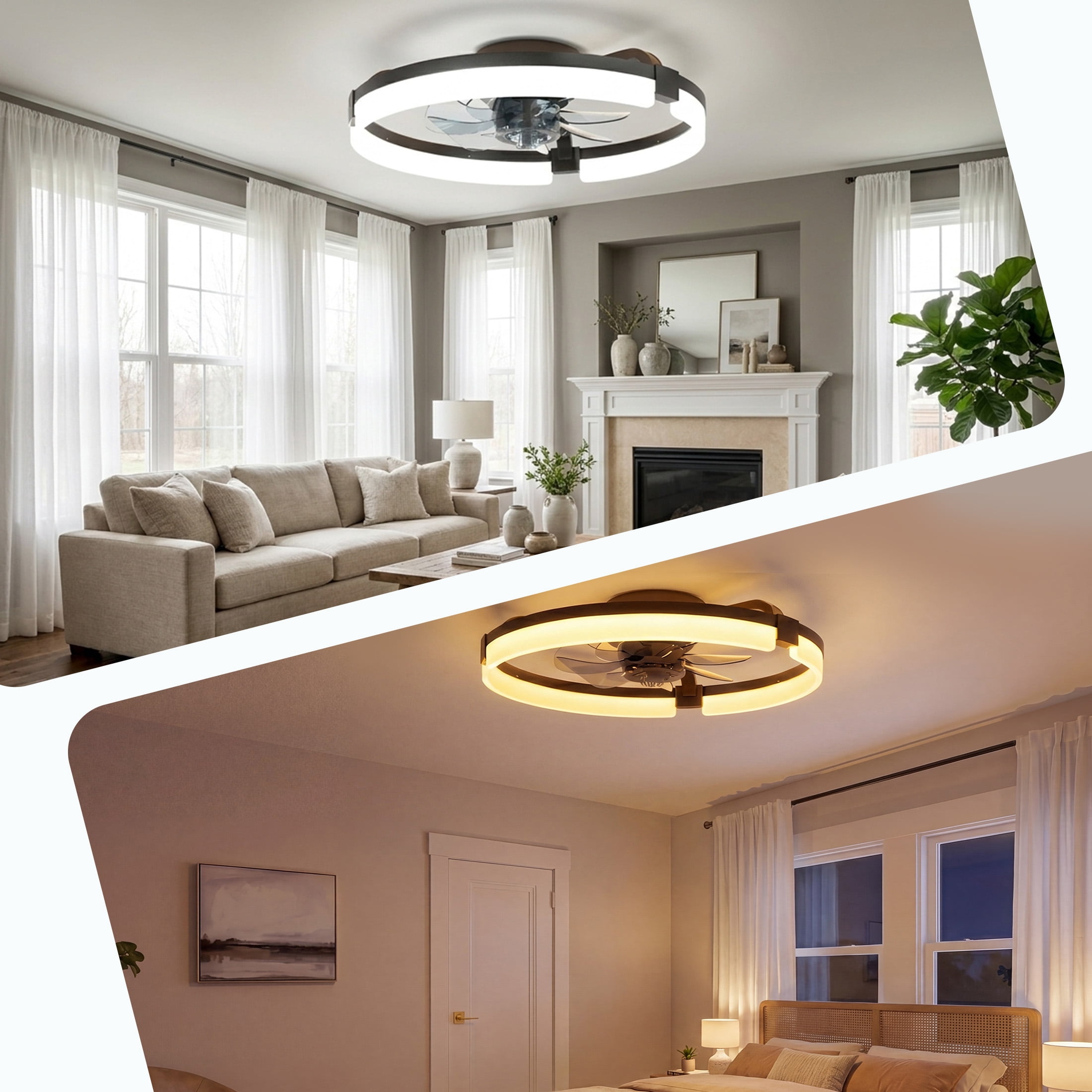 SHOUFTW Ceiling Fan 19.7inch, Caged Ceiling Fans with Lights, Farmhouse Low Profile Fandelier with Remote, Flush Mount for Bedroom, Living Room, Kitchen, 6 Wind Speeds, Black
