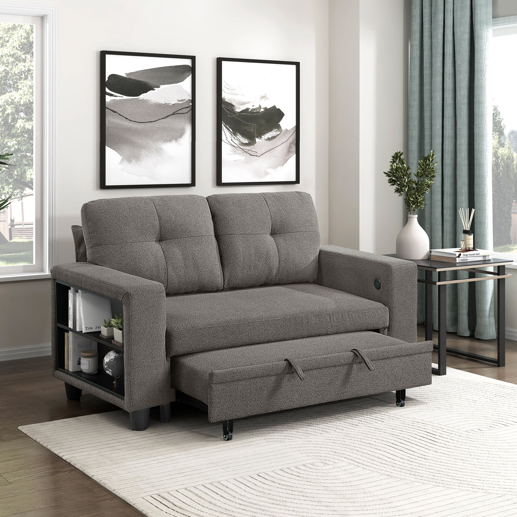 OakvillePark Vessarion Boucle Love Seat with Pull-out Bed, Shelves and Charging Ports, Dark Brown