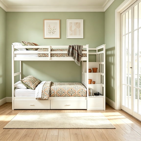 AUU Twin Over Twin Wood Bunk Bed with Storage Staircase & 6 Drawers – Solid Pine Frame, Space-Saving Design for Bedroom, Guest Room, or Dorm