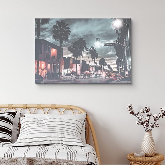 PixonSign Canvas Print Wall Art Vintage Film-Grain Los Angeles Shopping District Architecture & Maps Cities Photography Realism Chic Scenic Colorful Blue Neon for Living Room, Bedroom - 12"x18"