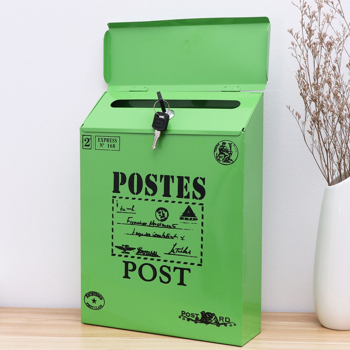 HONITANO 1Pcs Green Iron Rectangular Vintage Mailbox with Lock for Home Decoration 11.8x8.7x2.8in