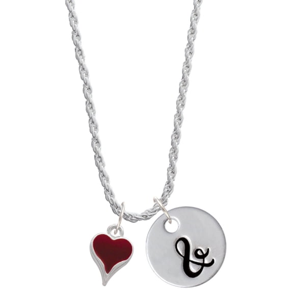 Delight Jewelry Silvertone Small Long Maroon Heart Silvertone Script Initial Disc - & - Charm Necklace, 20"+3"