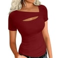 thumbnail image 2 of AherBiu Going out Tops for Women Short Sleeve Cutout Neck Stretch Slim Fitted Basic Comfy Top Tee Shirts, 2 of 6