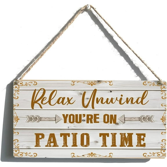 Wood Sign 5x10 Inch Farmhouse Backyard Patio Wood Signs Relax Unwind You'Re On Patio Time Wooden Hanging String Sign Plank Plaque Wall Art Decor Front Door Porch Bedroom Restroom Gift For Women Men