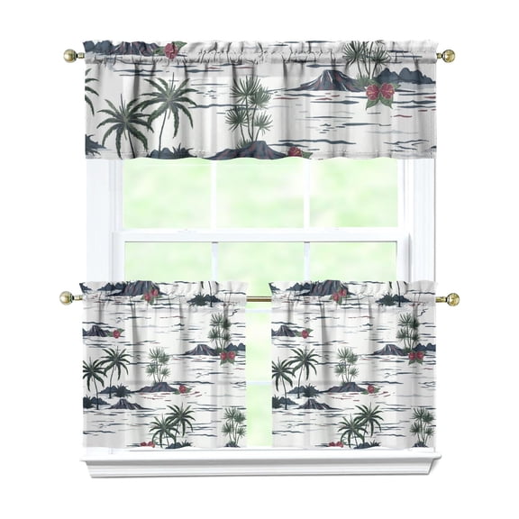 Tropical Sunset Palm Tree Kitchen Curtains 3-Pack - Boho Coastal Tier & Valance Set with Rod Pocket (54x18" + 2x27.5x24") Beachy Semi-Sheer Window Treatments