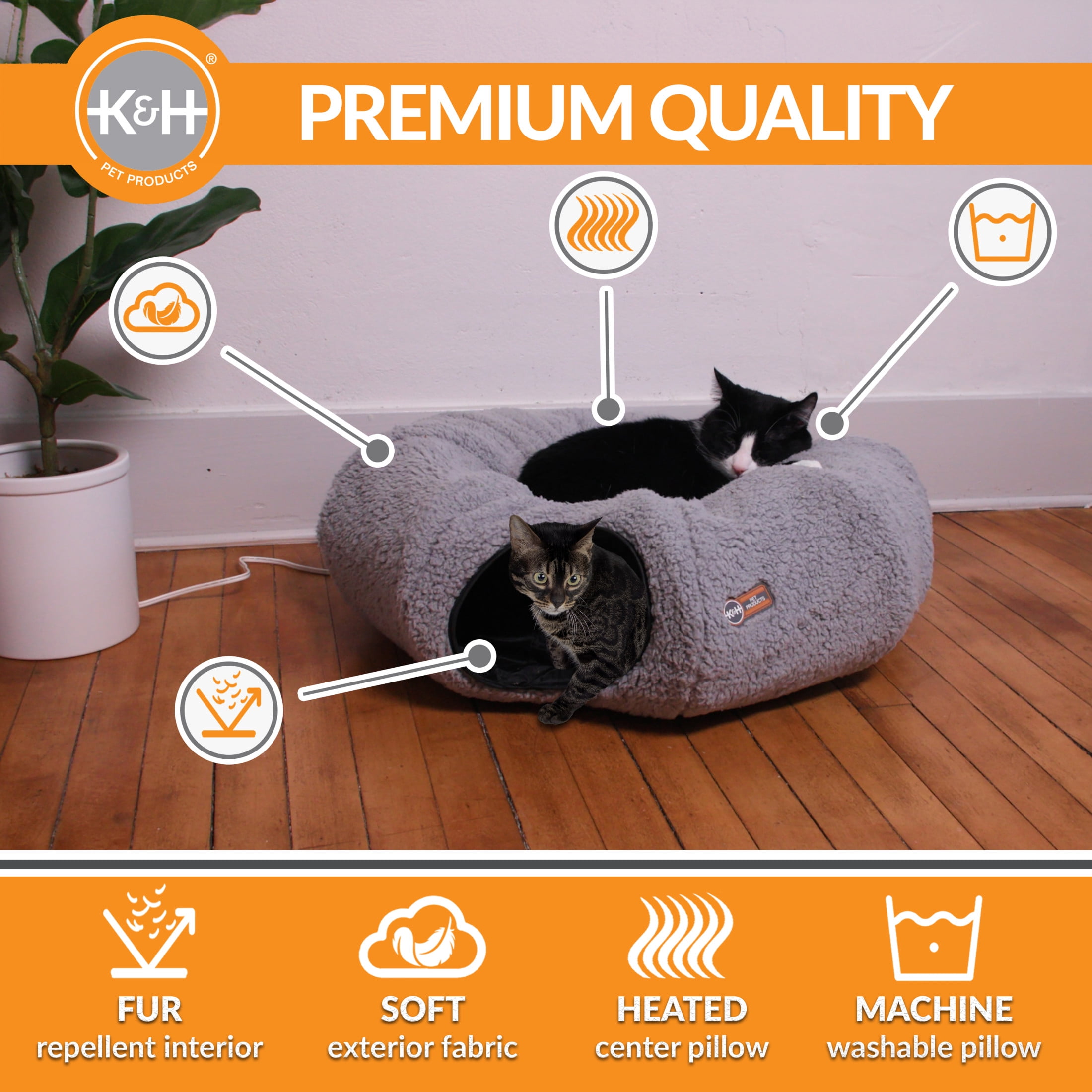 K&H Pet Products Thermo-Kitty Heated Cat Tunnel Bed Gray 28 X 28 X 9 Inches