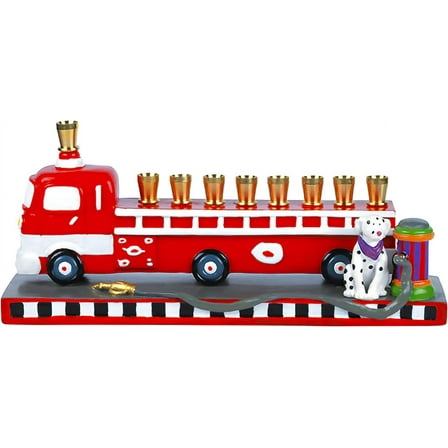 Aviv Judaica Kids Fire Truck Menorah Collectible Fire Engine and Fire Dog Menorah Fits Standard Hanukkah Candles