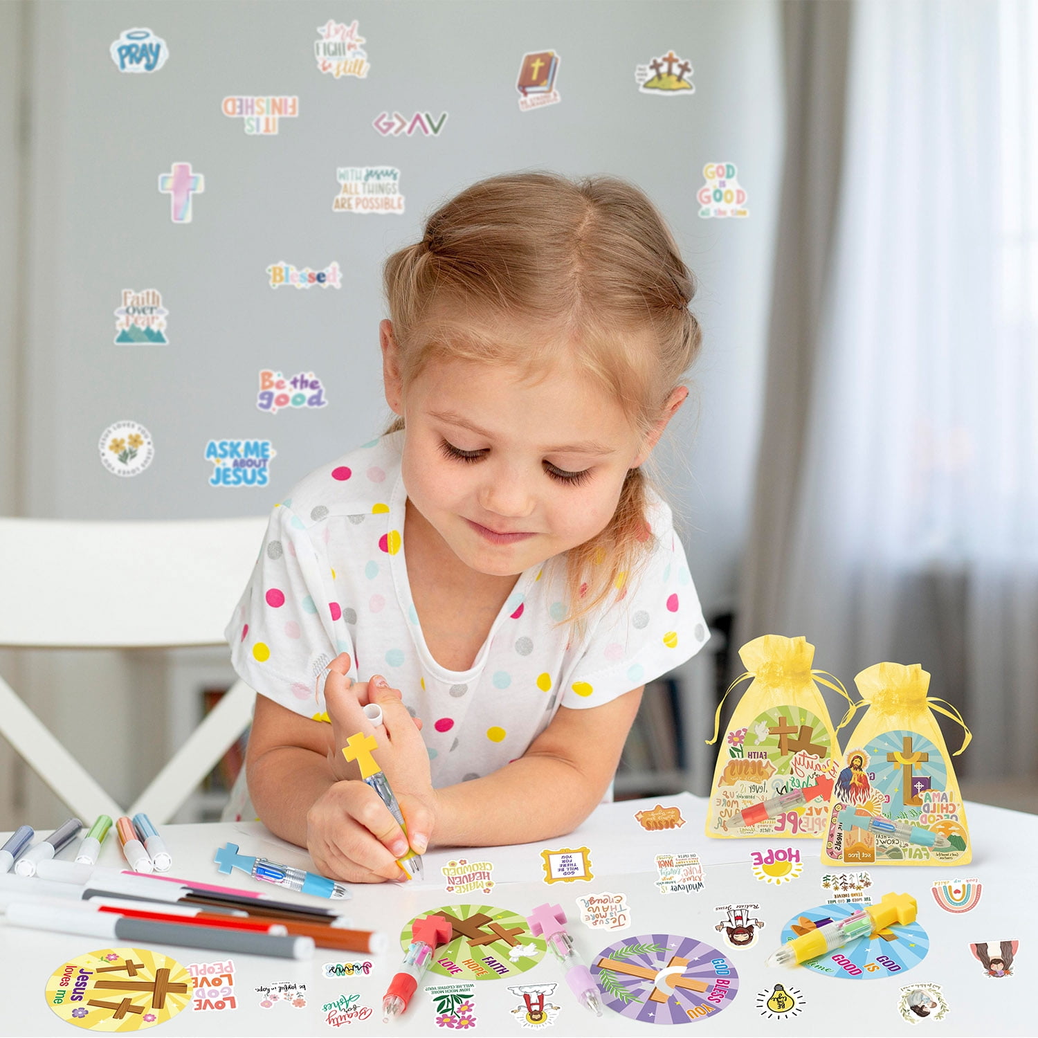 24 Set Christian Stationery Party Favors 4-In-1 Pens Sticky Note Stickers Net Bag Kit for Teaching Rewards Prizes