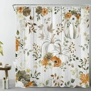 HVEST Farmhouse Fall Shower Curtain for Bathroom Watercolor Pumpkin and Floral Plant on Rustic Gray Wood Bathroom Shower Curtains with Hooks, Thanksgiving Bathroom Curtains Shower Set 69x70 inch