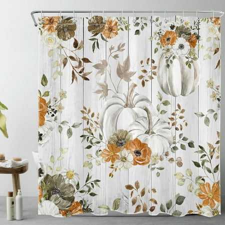 HVEST Farmhouse Fall Shower Curtain for Bathroom Watercolor Pumpkin and Floral Plant on Rustic Gray Wood Bathroom Shower Curtains with Hooks, Thanksgiving Bathroom Curtains Shower Set 69x70 inch