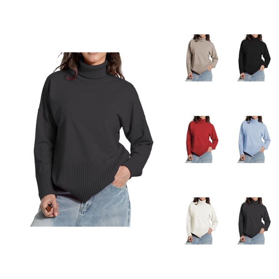 women sweaters Women's Pullover Sweater Split Hem Oversized Knit Pullover Soft High Neck Casual Winter Long Sleeve Crewneck Loose Fit Comfortable Fall Fashion