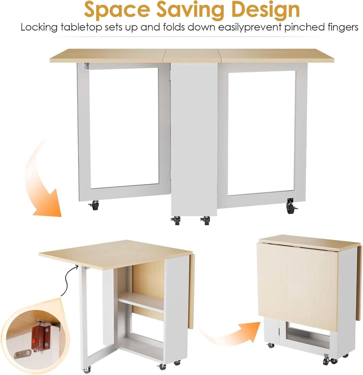 Kuublock Folding Dining Table with 2 Storage Racks, Space Saving Dining Table with 6 Wheels, Kitchen Table for Small Spaces