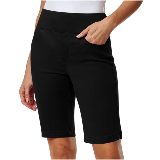 Swstbby Liquidation d'Été 2025! Shorts d'Été pour Femmes Grande Taille, Shorts en Sergé Extensible Solide pour Femmes Taille Fine à Enfiler Shorts de Randonnée Réguliers Bermuda d'Été Décontracté avec Poches Noir TG