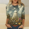 thumbnail image 2 of Riecok Halloween for Women Shirt 3/4 Sleeve Crewneck Funny Ghost Printed Tunic Tops Basic Tee Blouses Green L, 2 of 5