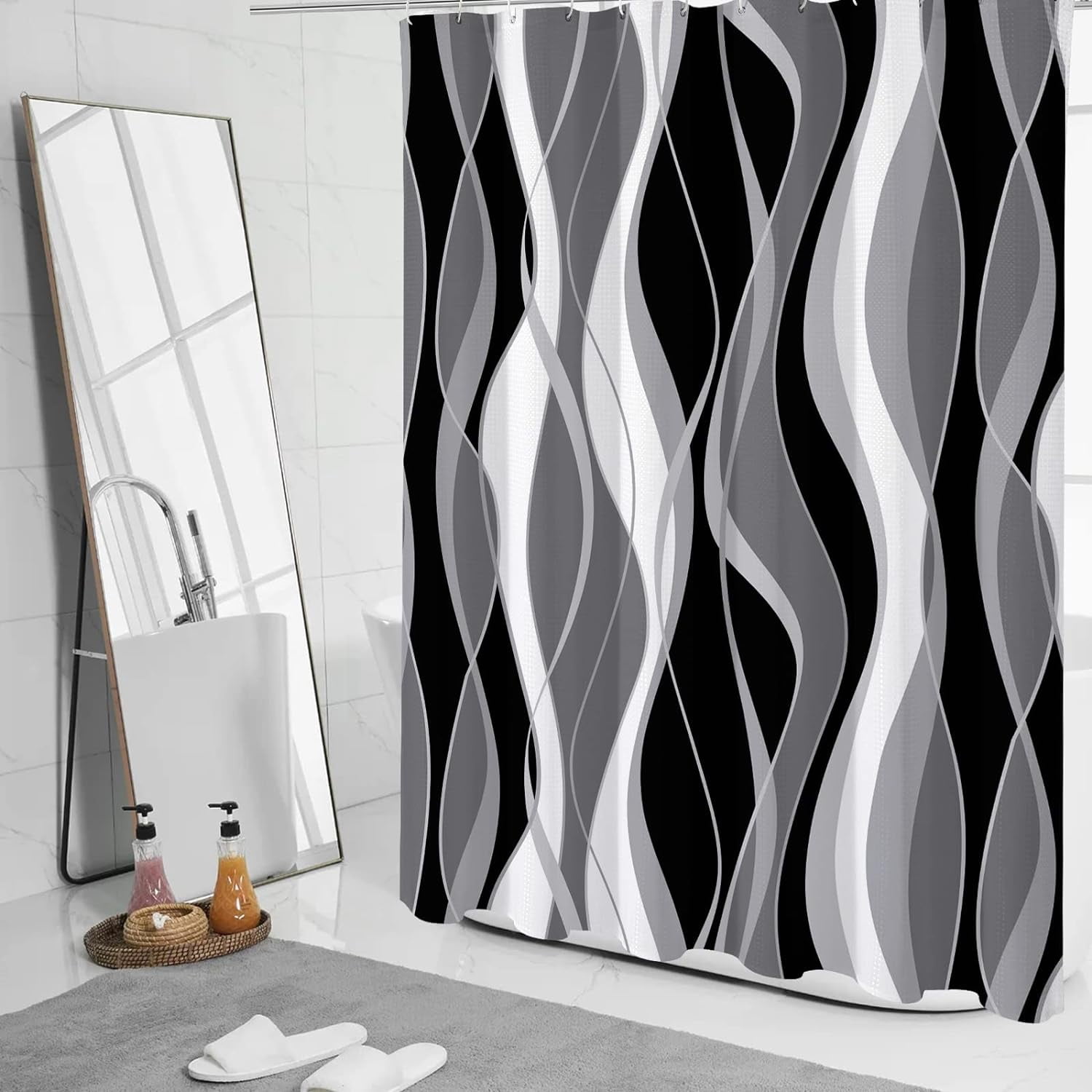Black and Grey Shower Curtain, Gray and White Abstract Modern Bathroom Decor, Waffle Weave Textured Fabric Shower Curtain Set with Hooks, 72x72