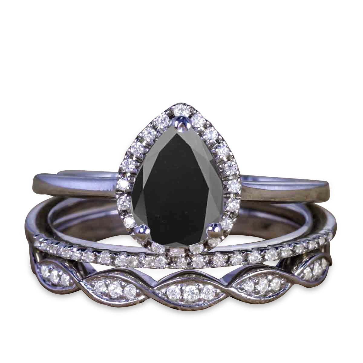 JeenMata 2 Carat Pear Lab Created Black Diamond Trio Engagement Set