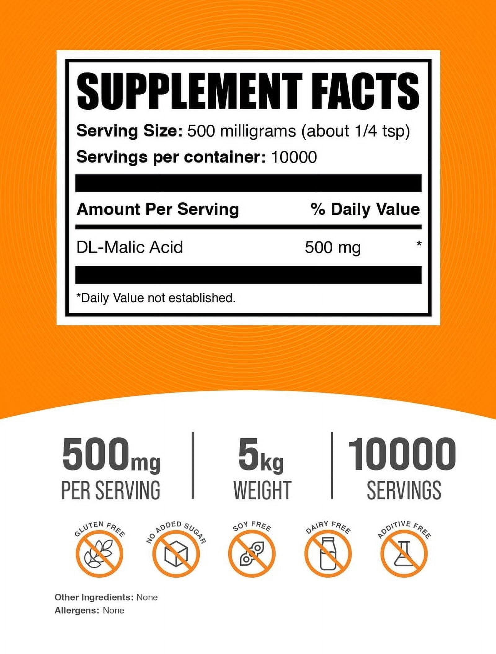 BulkSupplements Malic Acid Powder - 500mg per Serving - 5 Kilograms (11 lbs) - 10000 Servings