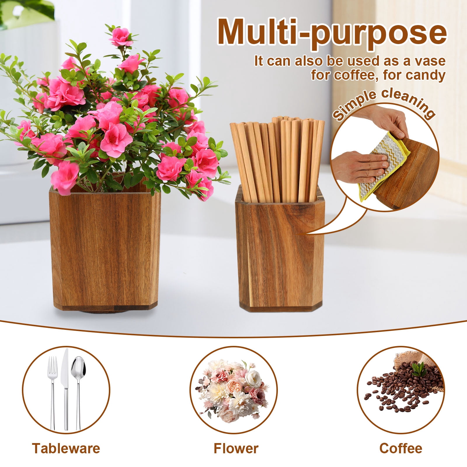 2Pcs Wood Utensil Holder 360° Rotating Acacia Utensil Crock Multipurpose Cooking Spoon Spatula Organizer Kitchen Tool Storage for Countertop