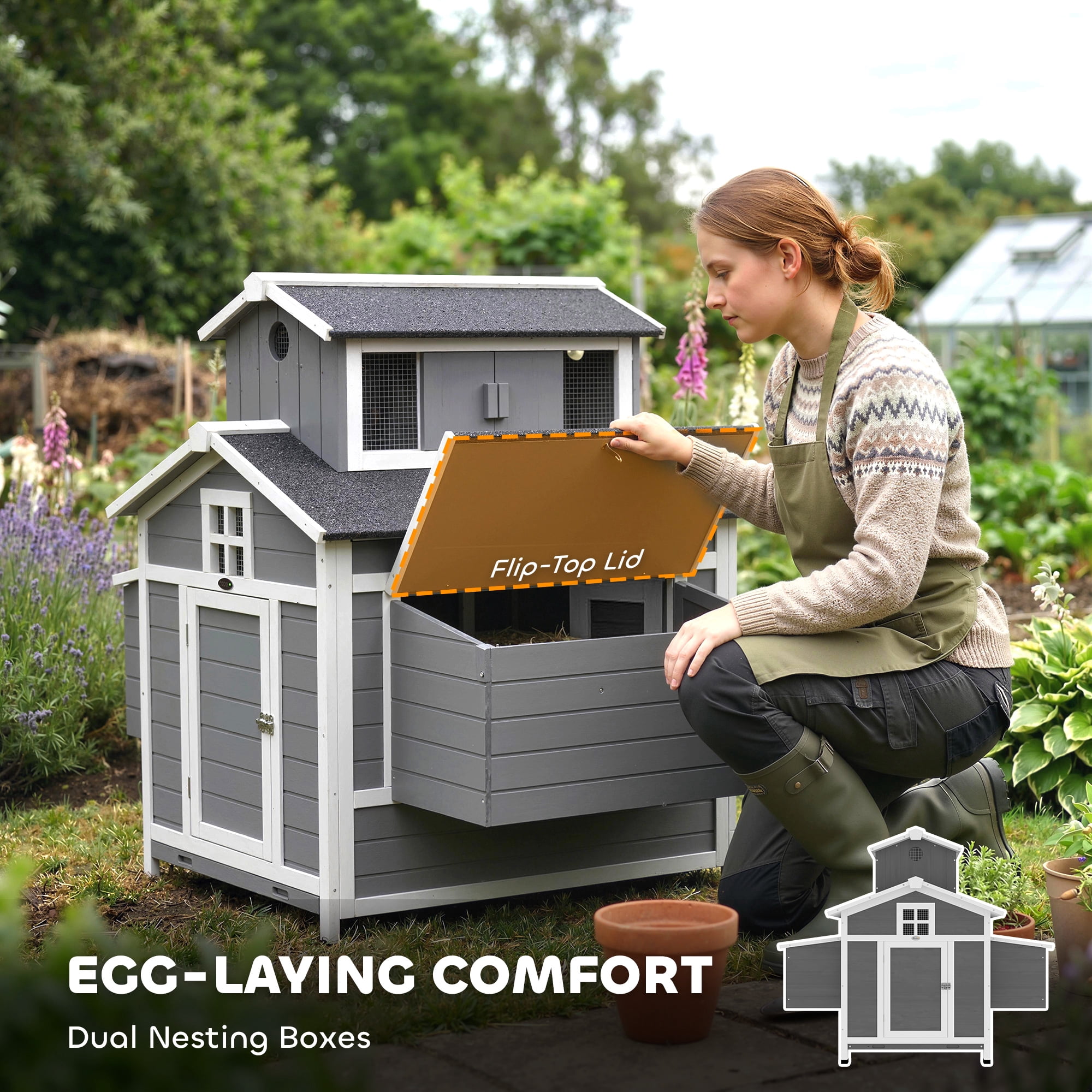 PawHut Chicken Coop for 2 Chickens, Wooden Hen House with Nesting Box, Pull-Out Tray, Ventilation Windows, Poultry Hutch Rabbit Cage