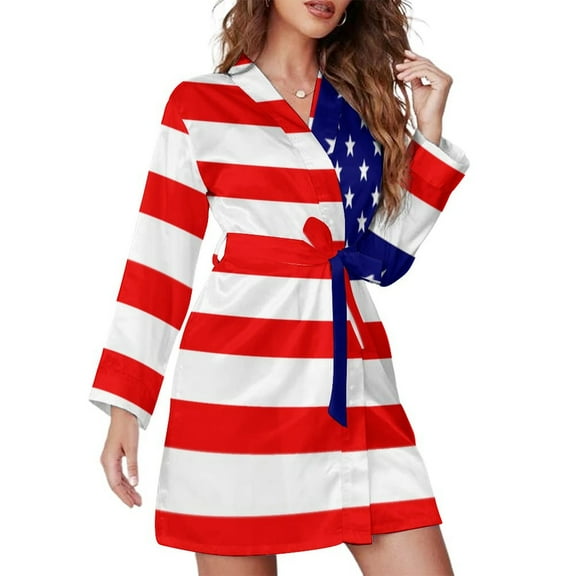 American Flag Night Robe Long Sleeve V Neck Robe With Belt Women's Sleepwear Dresses