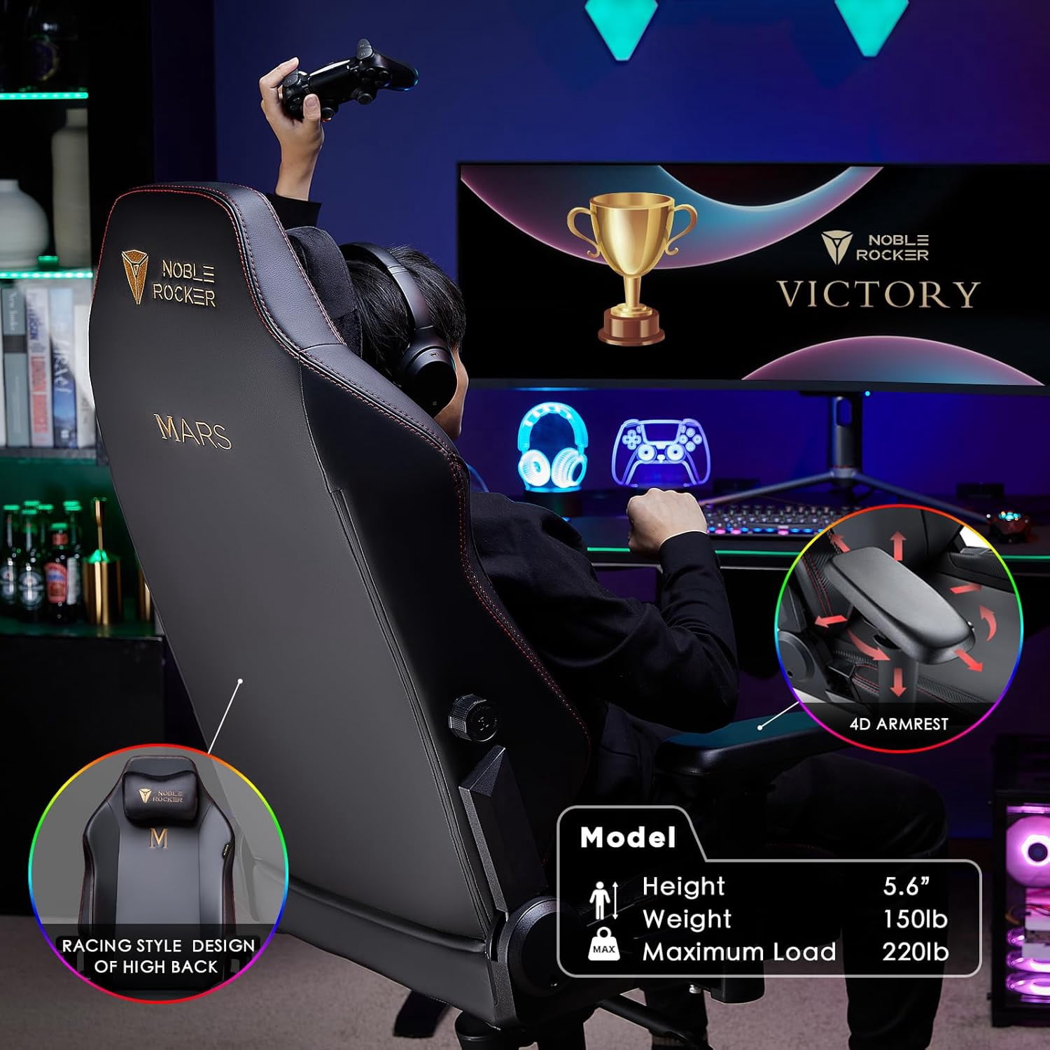 VANACC Gaming Chair Ergonomic PC Game Chair- Lumbar Support Headrest 4D Armrests Computer Chair, Big and Tall Comfortable Large, Black Pu, R Size