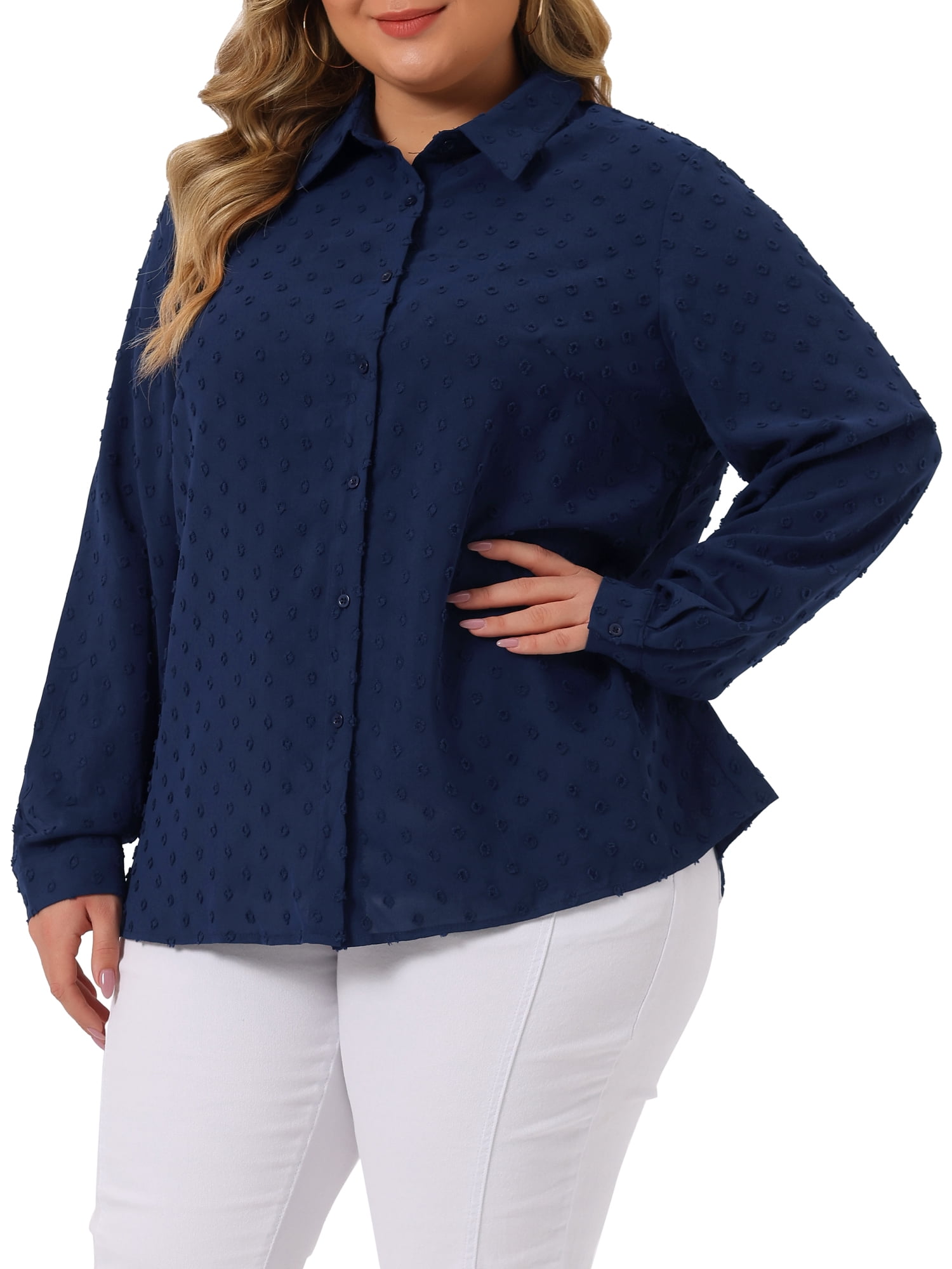 DARING DIVA Women's Plus Swiss Dots Button Down Collar Long Sleeve Tops 1X Navy Blue