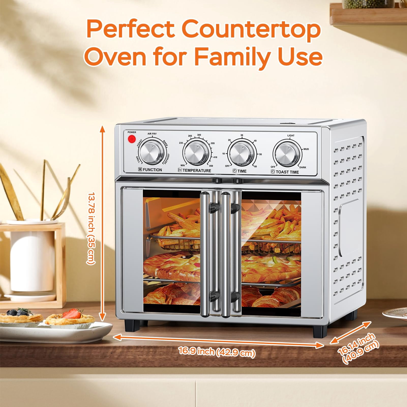 27.5 Quart 6 Slices Large Air Fryer Convection Toaster Oven, French Door, 1700W, Multifunction Oven for Air Fryer, Toast, Grill, Defrost, Bake, Time and Temperature Controls, Silver