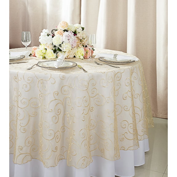 Wedding Linens Inc. 108" Round Seamless Embroidered Organza Table Overlay Tablecloth - Champagne