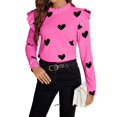 Casual Heart Print Stand Collar Long Sleeve Red Violet Women TShirts