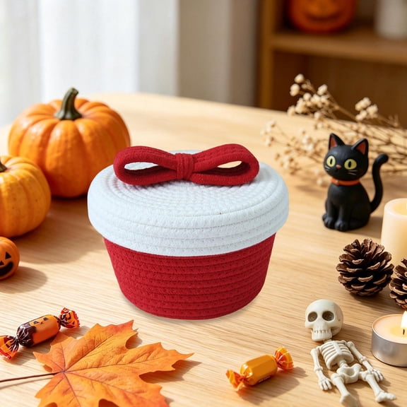 Sruoe Bow Decor Cotton Rope Covered Storage Bin Two Tone Woven Holiday Sweets Caddy for Desktop Household Stuff