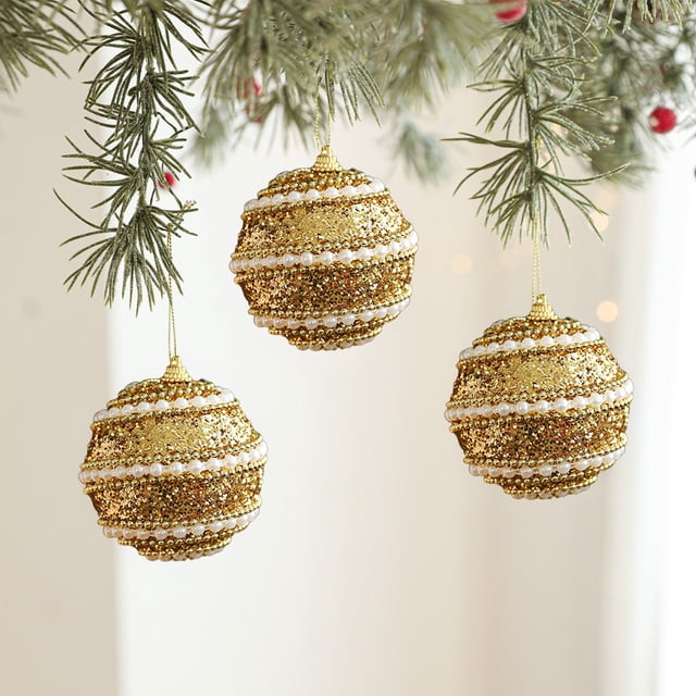 Adorno Colgante Navideño de Espuma Dorada con Forma de Bola de Navidad de Los Sexos Opuestos, con Purpurina Adhesiva | 8 Cm | Material Plástico | Decoración Navideña