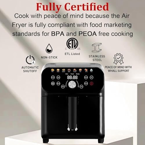 Air Fryer, 6.2QT Air Fryer Oven with LED Digital Touchscreen, 12 Preset Cooking Functions Air fryers, Bake, Reheat, Keep Warm, Nonstick and Dishwasher-Safe Basket, Stainless Steel/Black