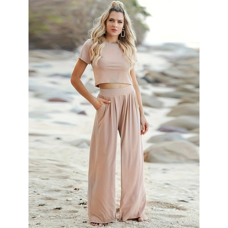 Chic Cropped Top & Flowy Wide-Leg Pants Set - Relaxed Fit