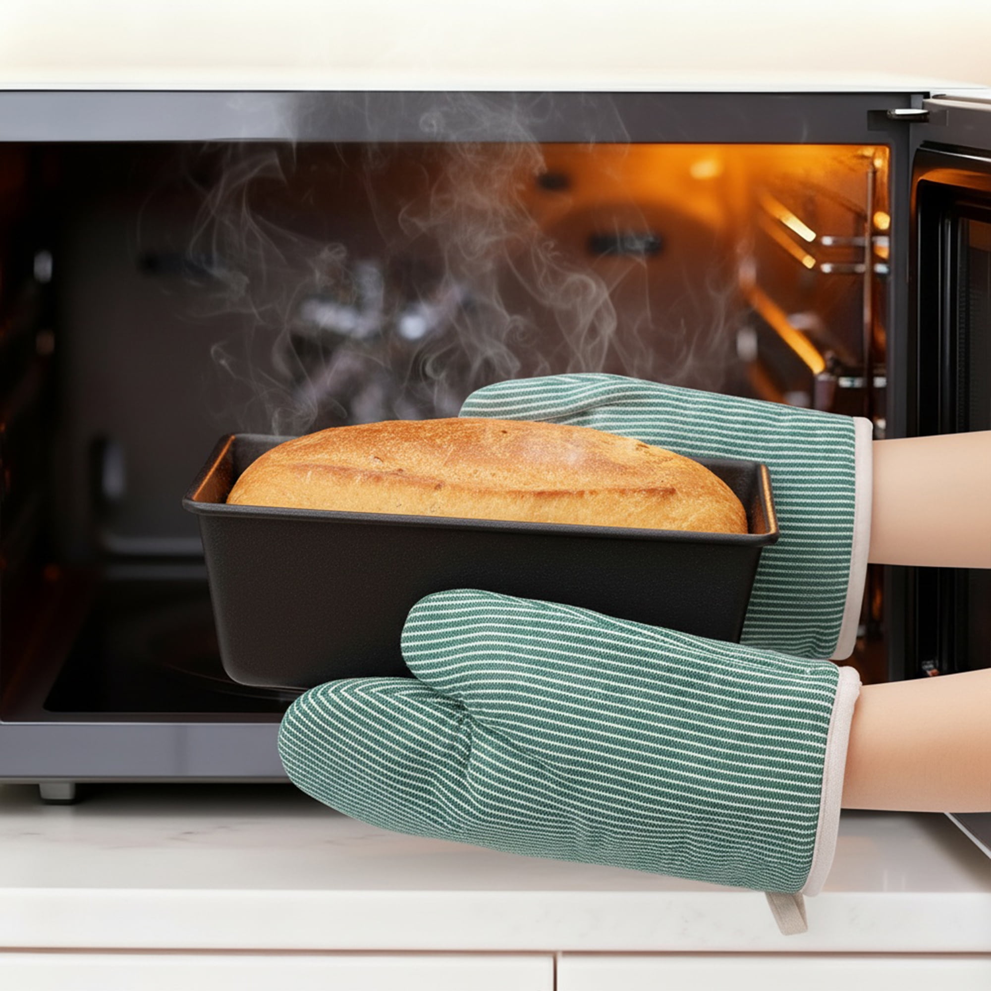 Unique Bargains Heat-Resistant Cooking Gloves Thick Cotton Lining Green 10.2x7.5inch