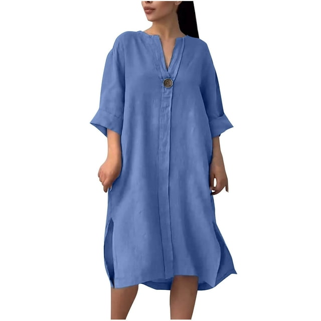 Daiosportswear Robe-Chemise en Coton et Lin pour Femmes, Boutonnée, Col en V, Maxi Blouse, Robe Décontractée Ample à Manches Longues, Abaya avec Poches, Robe à Manches Courtes pour Femmes Bleu TTG(TTG)