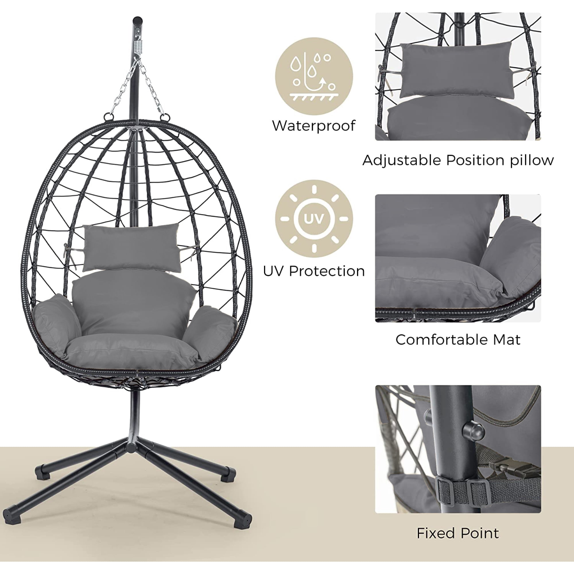 Egg Chair with Stand, Indoor Outdoor PE Wicker Hanging Egg Chair, Patio Swing Chair Basket Chair Hammock Chair with Stand for Bedroom Living Room Balcony, Dark Gray