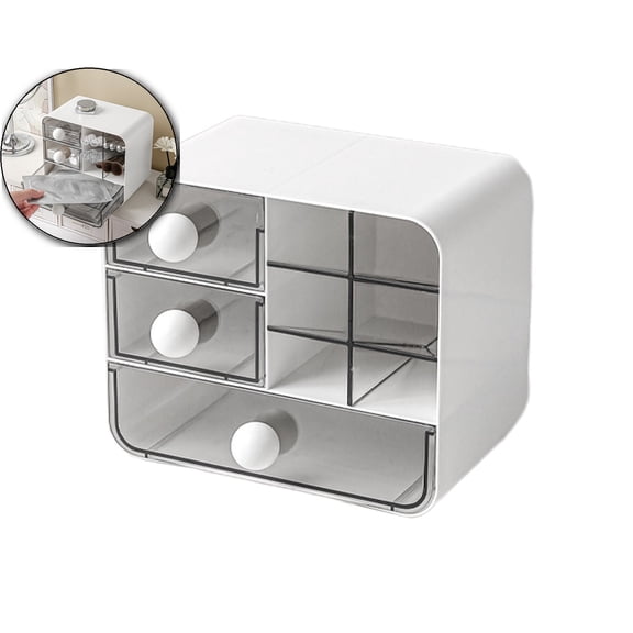 Desktop Organizer with Transparent Drawers, 3-Tier Plastic Storage Box, Compact Vanity Makeup Case with Ball Handles for Dorm, Office Desk & Bathroom Counter (7.6 x 6.2 Inches)