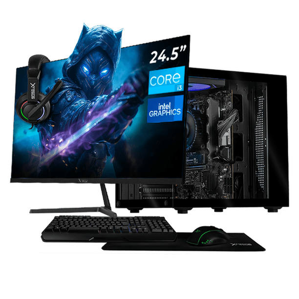 Computadora Escritorio Completa Xtreme PC Gaming Intel Core i3 12100 16GB SSD 500GB Monitor 24.5 100Hz WIFI Black juegos casuales, trabajo y estudio