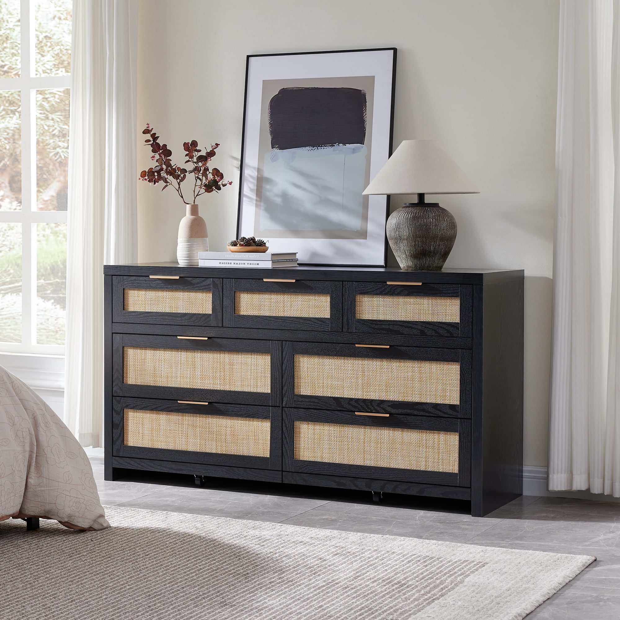 SICOTAS 56.88" Wide 7 Drawer Tall Dressers, Boho Dresser with Oversized Storage Space Rattan Dressers & Chests of Drawer Engineered Wooden Dressers for Bedroom,Black Oak