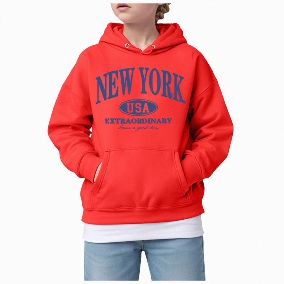 Girl's New York Graphic Letter Print Hoodie Sweatshirt Long Sleeve Pullover Tops (Red,8-9 Years)