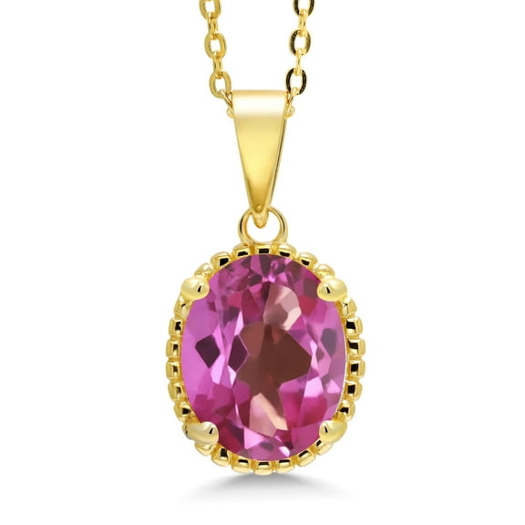 Gem Stone King 18K Yellow Gold Plated Silver Pink Mystic Topaz Pendant Necklace for Women (3.60 Cttw, Oval 11X9MM, Gemstone Birthstone, with 18 inch Silver Chain)