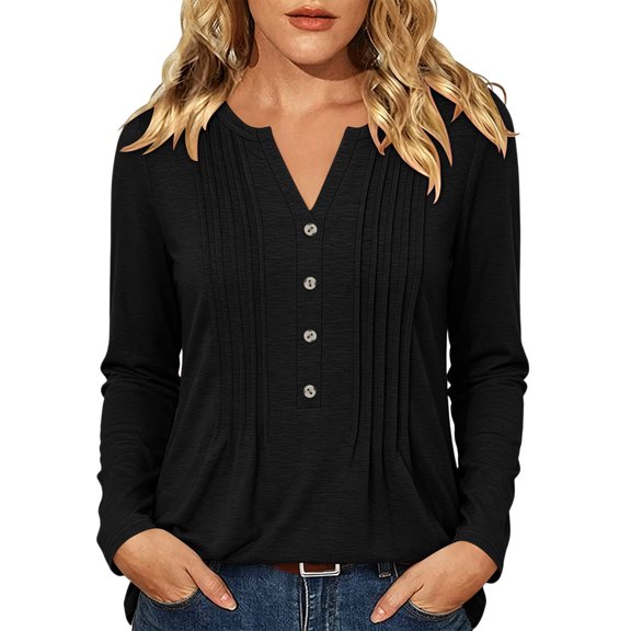 SETOOFF Womens V Neck Henley Pleated Pullover Long Sleeve Shirts Loose Fit Lightweight Tunic Blouses for Women Dressy Casual Work Business Casual Dailywear Fashion