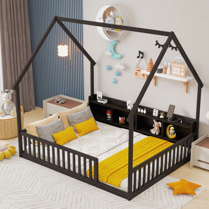 Full Size House-Shaped Canopy Bed with Roof, Wood Kid's Floor Bed Frame with Storage Shelves, LED Lights & Charging Station