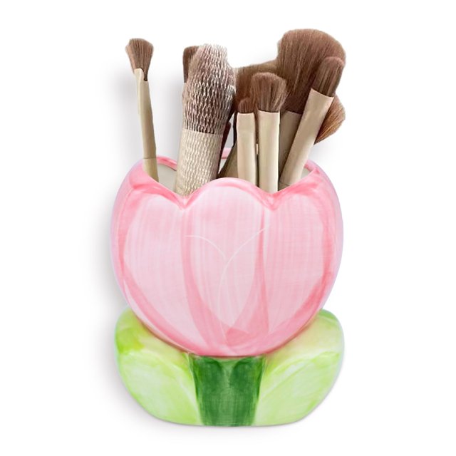 AMZWISH Soporte para brochas de maquillaje con diseño de flor de tulipán de cerámica para encimera, mesa de tocador, organizador de escritorio para baños, cocinas (rosa)