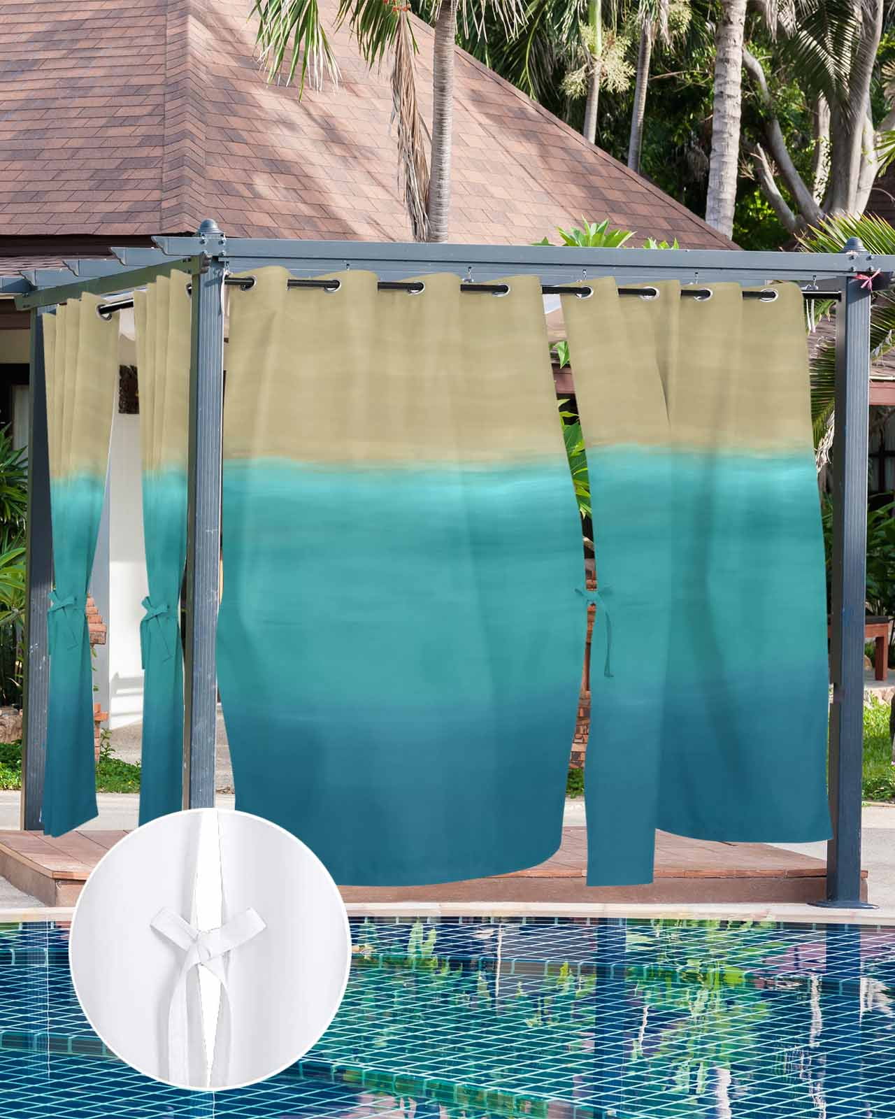 Teal Blue Ombre Outdoor Curtains for Patio, Modern Abstract Privacy Drapes Grommet Waterproof Outside Curtains for Porch/Cabana/Balcony 54"x 108", 2 Panel