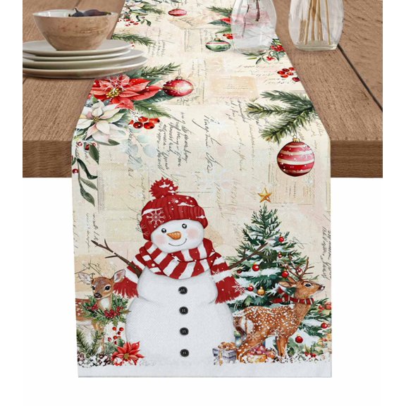 Beige Christmas Table Runner 36 Inches, Snowman Xmas Tree Poinsettia Eucalyptus Bed Runner Dresser Scarves Tabletop for Indoor Outdoor Parties/Ceremony/Banquet, 13"x 36"