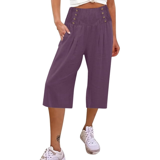 Timegard Capri Pants for Women Wide Leg Elastic High Waisted Button Ruched Casual Loose Cropped Trousers