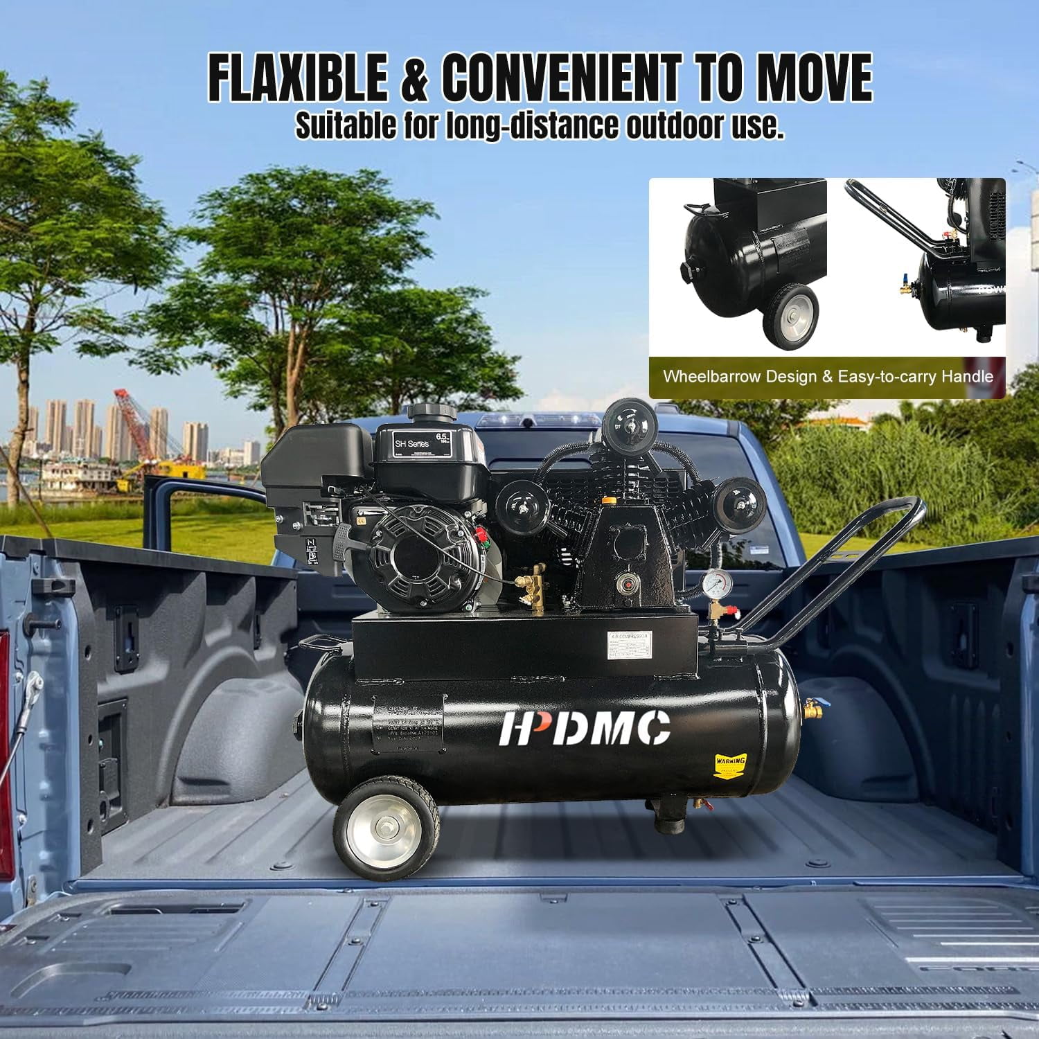 HPDMC 6.5HP Portable Heavy Duty Air Compressor - 20 Gallon Horizontal Gasoline Powered Piston Air Pump with KOHLER Engine - 17 CFM @ 125 PSI Industrial Grade